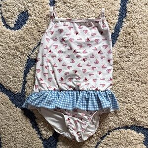 Sailboat Print Kids Swim One Piece with Blue Ruffle